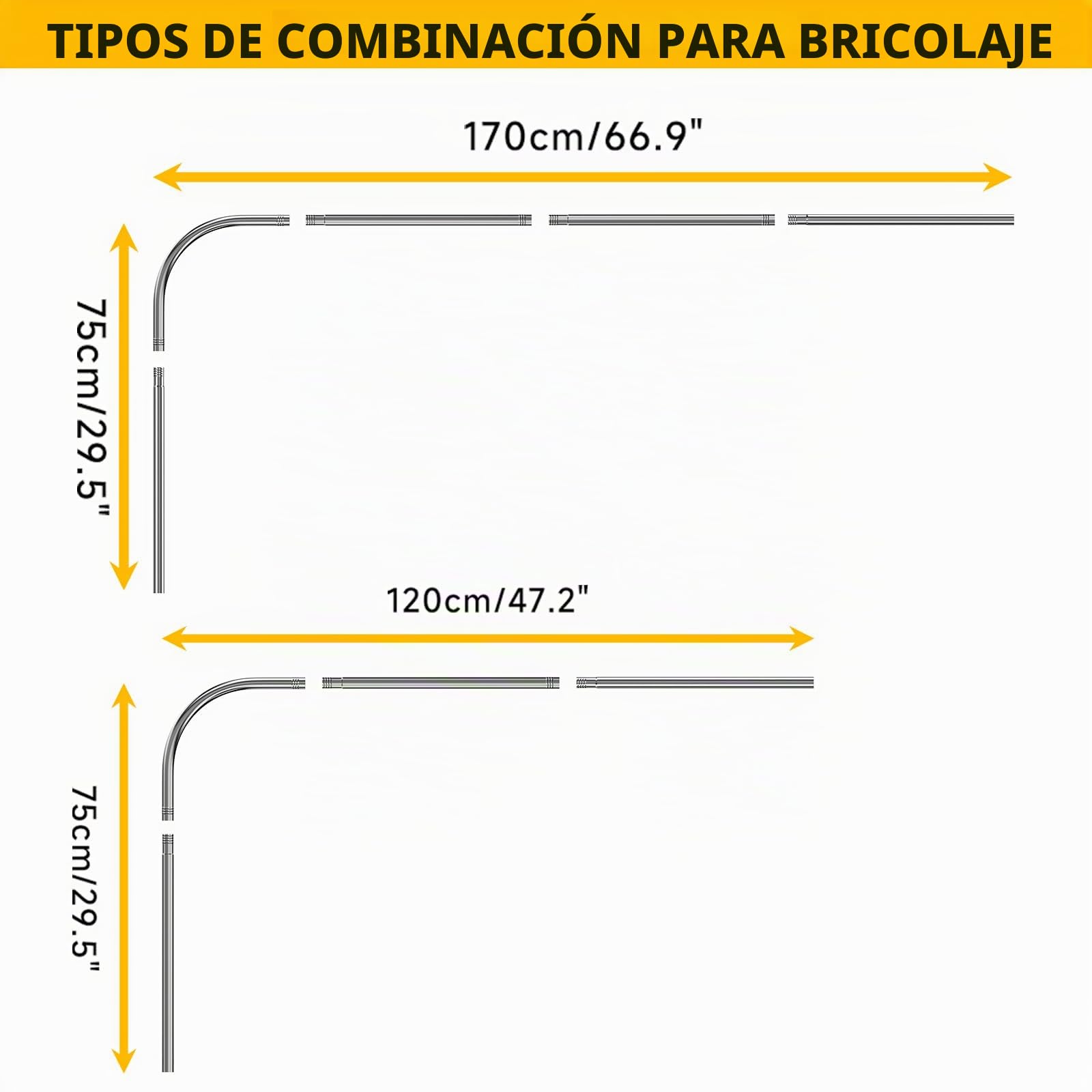 Barra de Cortina de Ducha L Forma, Barra Cortina Ducha Esquinera Ajustable de Acero Inoxidable, 75x170 cm Barra Ducha Curva con Anillos para Armario Baño Vestuario