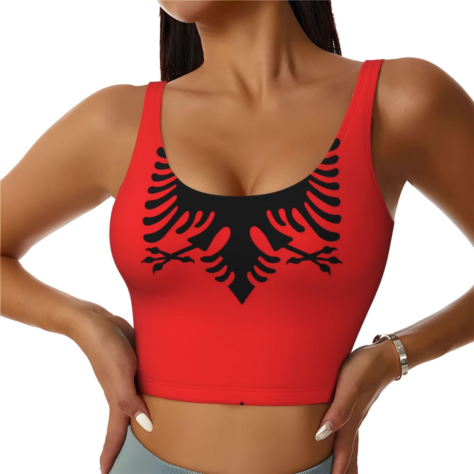 Poezjzw Women's Black Albanian Flag Sexy Sports Vest Sleeveless Athletic Gym T-Shirts Vest U-Shaped Back Quick Dry Top L