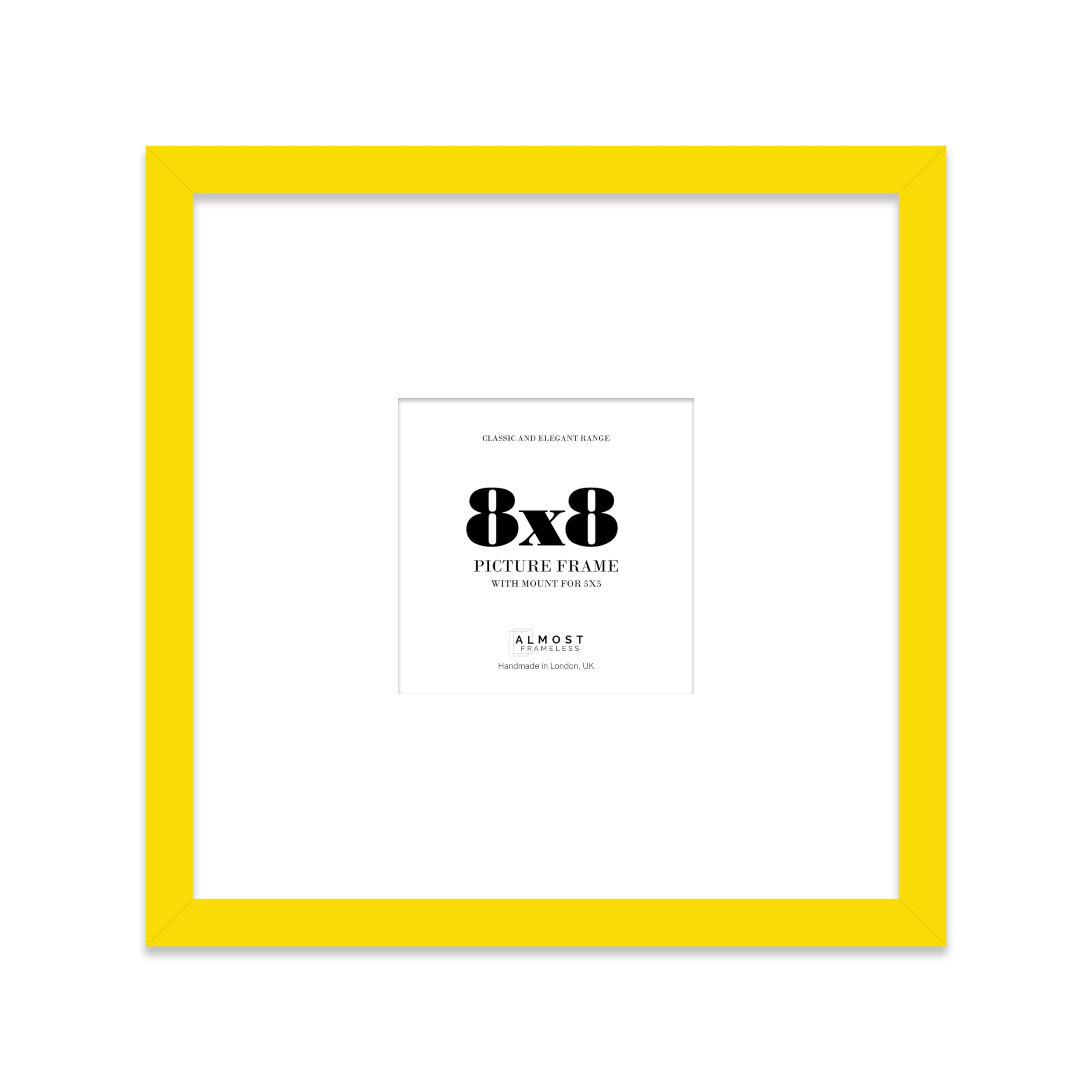 Almost Frameless 8x8 Square Picture Frame, Display Pictures 5x5 With Mat or 8x8 Without Mat, Wall Hanging & Free Standing Photo Frame, Yellow, 1 Pack