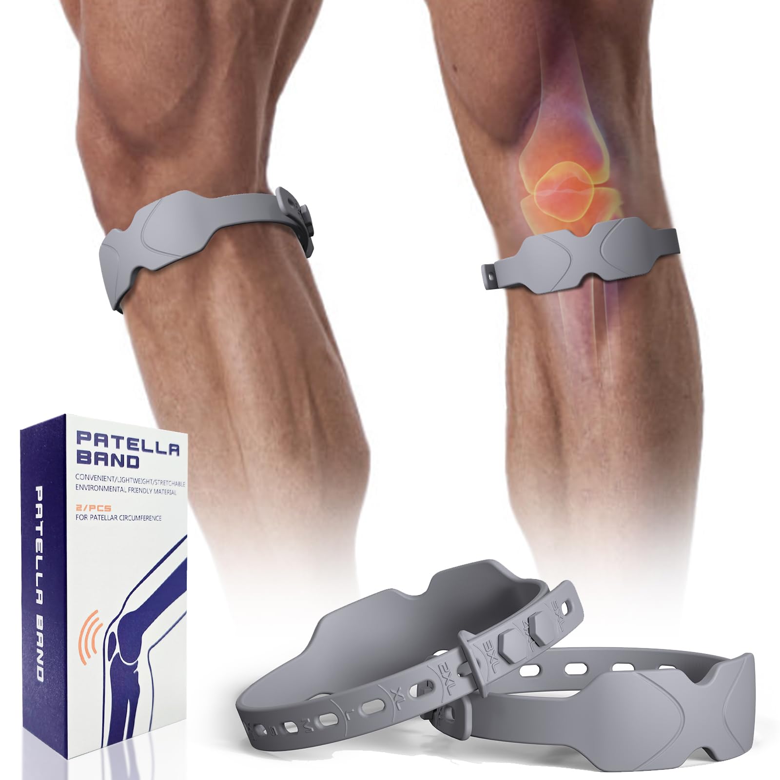 Adjustable Patella Band - Silicone Knee Patellar Tendon Support Strap for Tendonitis Jumpers Pain Relief - 2 Pack Knee Brace for Men & Women - Knee