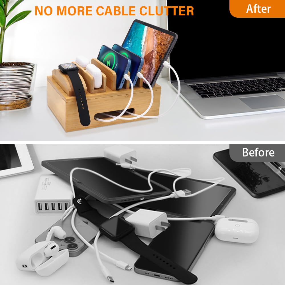 Myndekly Bamboo Charging Stations for Multiple Devices, Desktop Docking Station for Cell Phones, Tablets, SmartWatch&Earbuds Stand (No Power Supply)
