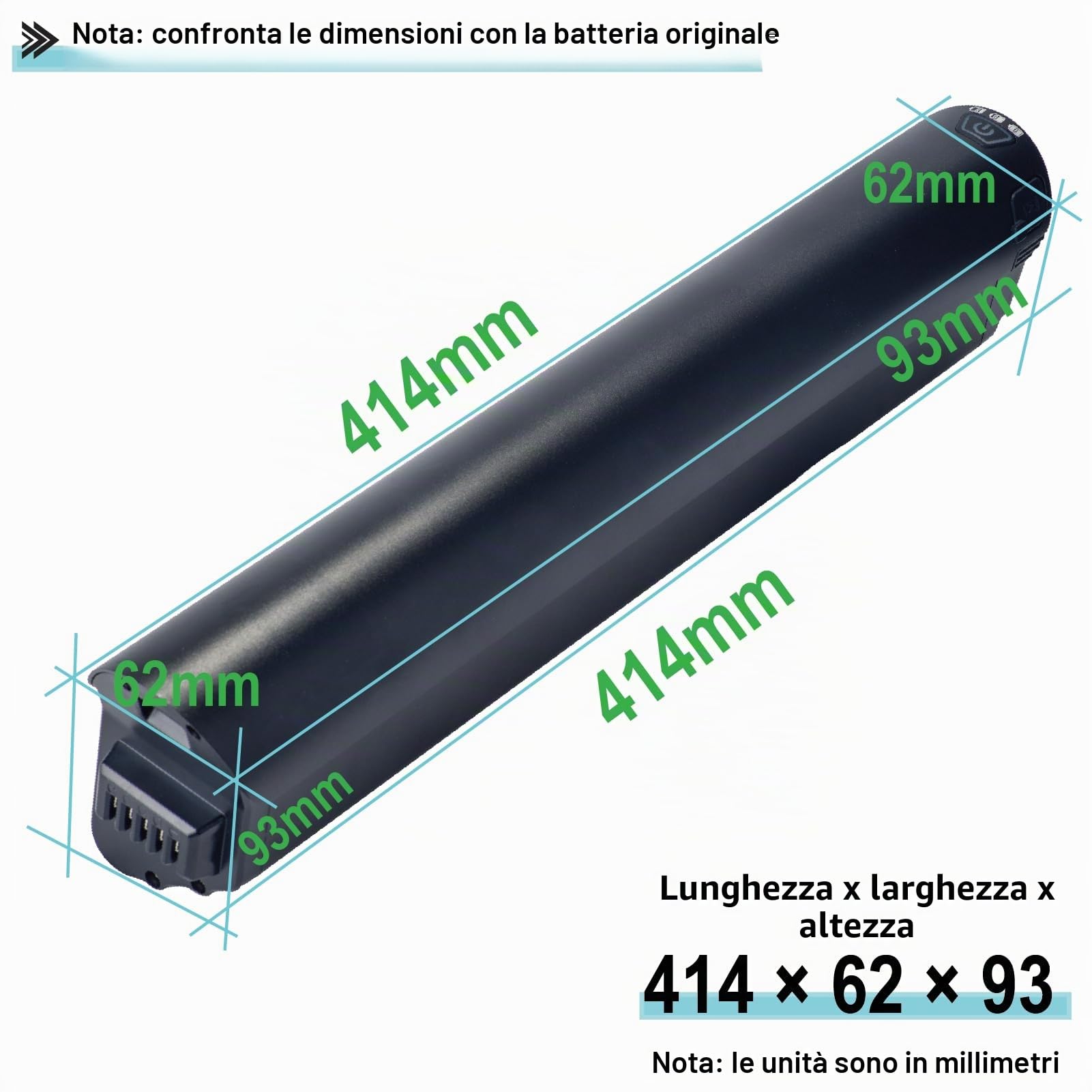 Batteria sostitutiva originale 36V per bici HillMiles MileTrail1 / MileCity1, solo ricambio per pedelec standard 250W, velocità max 25km/h (36V 18Ah)