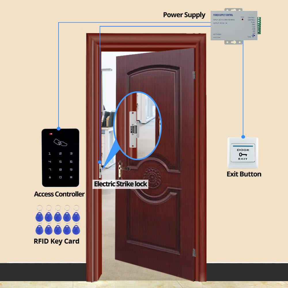 KDL Kit Complet de système de contrôle d'accès RFID Clavier Autonome avec Verrouillage de gâche électrique de Type NO, Alimentation DC12V / 3A, Interrupteur de Porte, 10pcs étiquettes de clé RFID