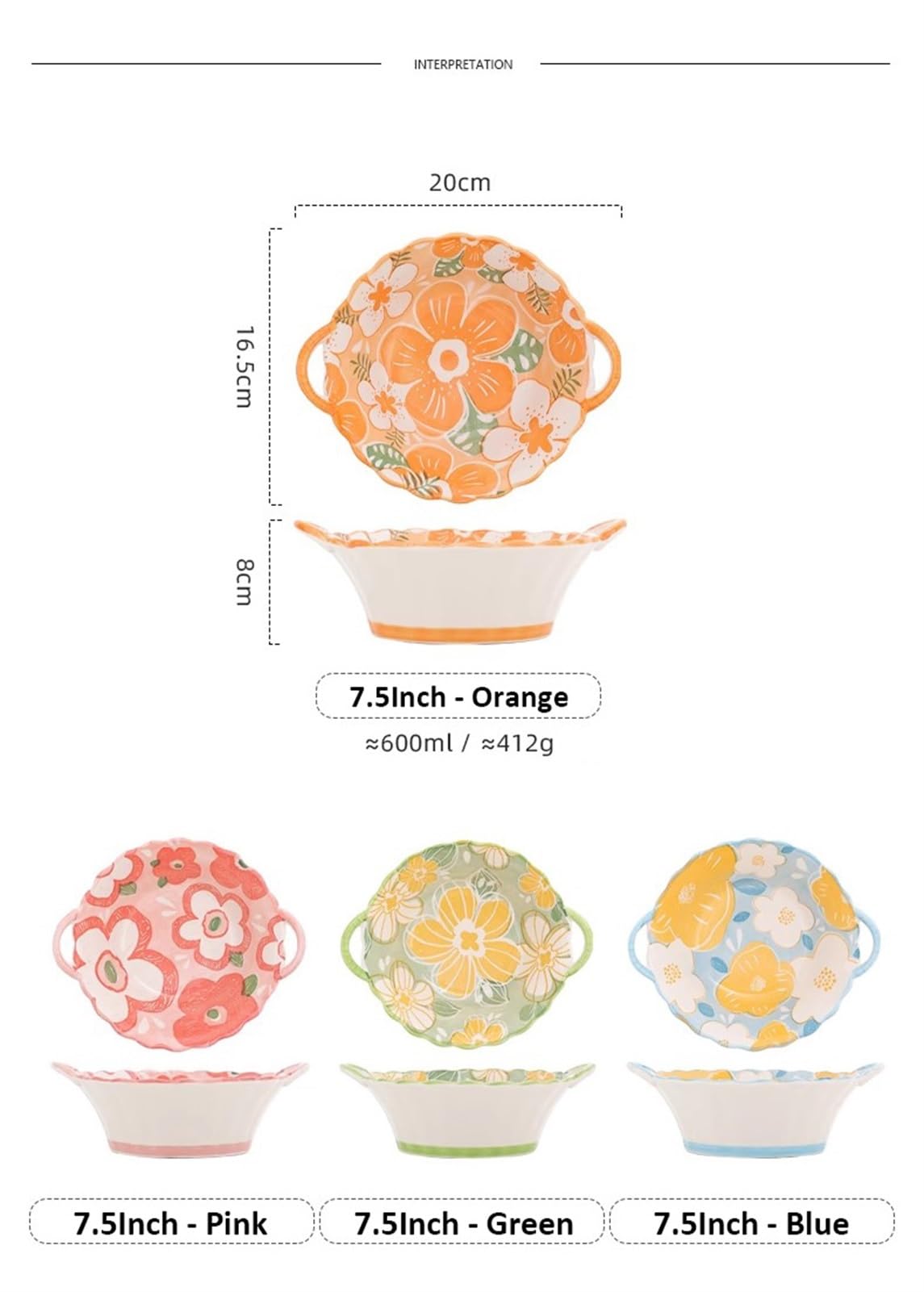 Soup Bowls Bowl 1Pc, Large Pasta Bowl/Fruit Bowls/Salad Bowls with Handles, 600ml Serving Dishes for Entertaining/Party/Christmas (Color : Orange)