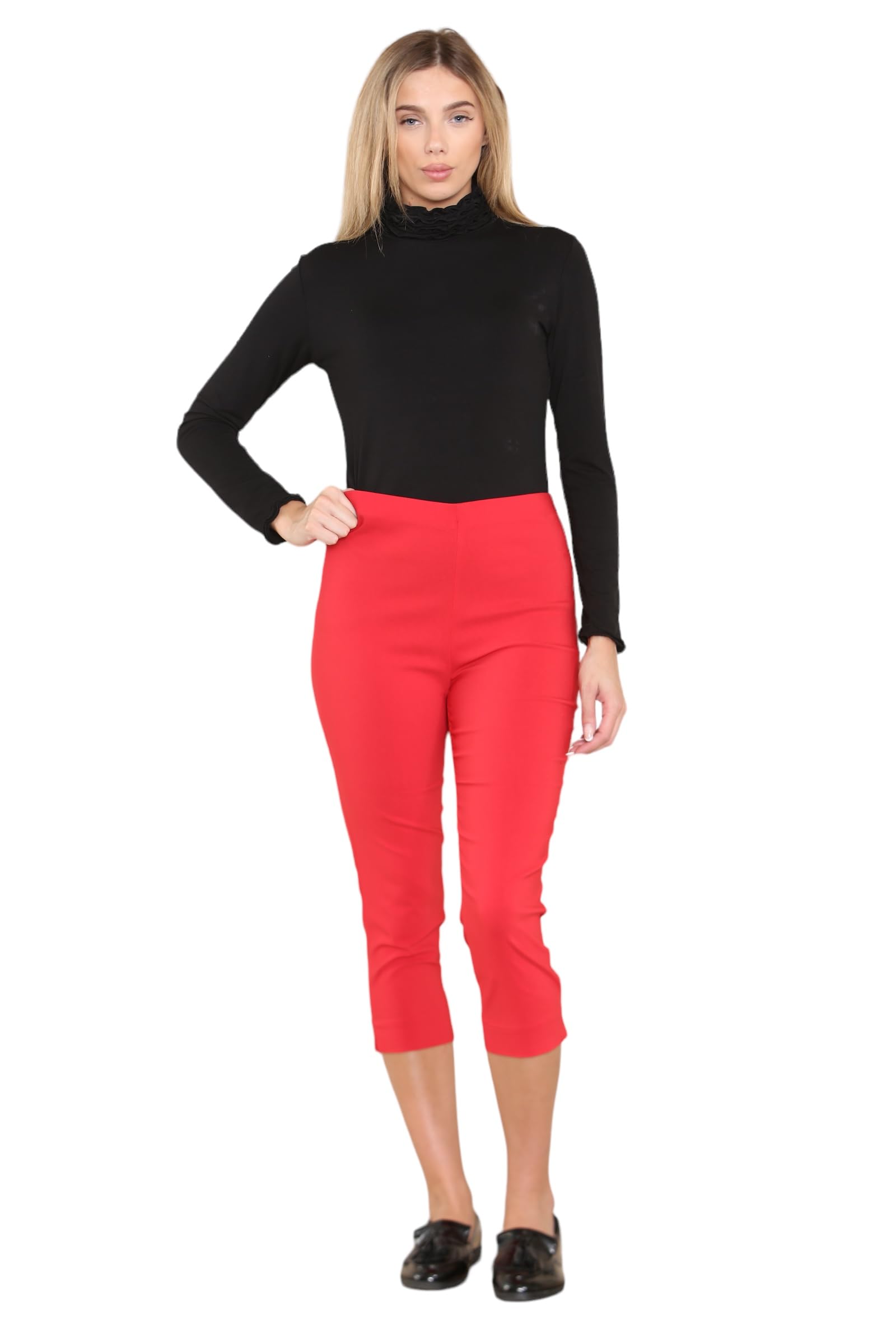 Wearall Women's Red Cropped Trousers For Uk Capri Trouser Summer Pants Short Crop Stretch 3/4 Length Three Quarter Pedal Pusher Clothes Elasticated Bengaline Cut Off 14