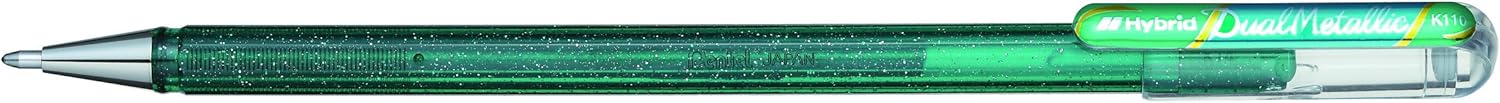 Pentel K110 Hybrid DualMetallic Gel Rollerball, 1.0mm Tip, Green/Metallic Blue (Pack of 12)