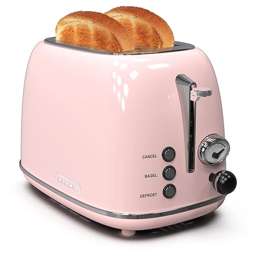 Toaster 2 slice, KitchMix Retro Stainless Steel Toaster with 6 Settings, 1.5 In Extra Wide Slots, Bagel/Defrost/Cancel Function, Removable Crumb Tray (Baby pink) - Baby Pink
