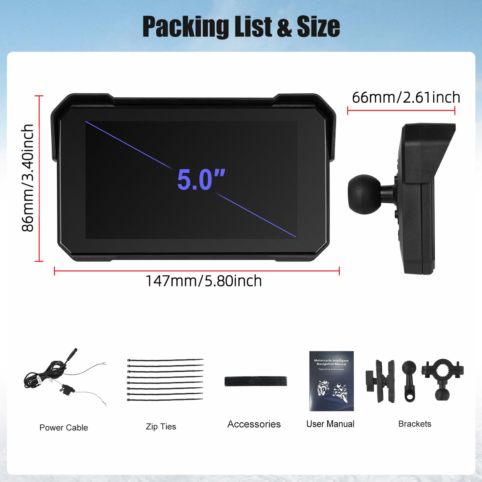 5 Inch Motorcycle Carplay GPS Navigation System with Carplay and Android Auto Portable Screen with Bluetooth, Navigation, Siri, Google Assistant（Not Inchluded TPMS） — view 7