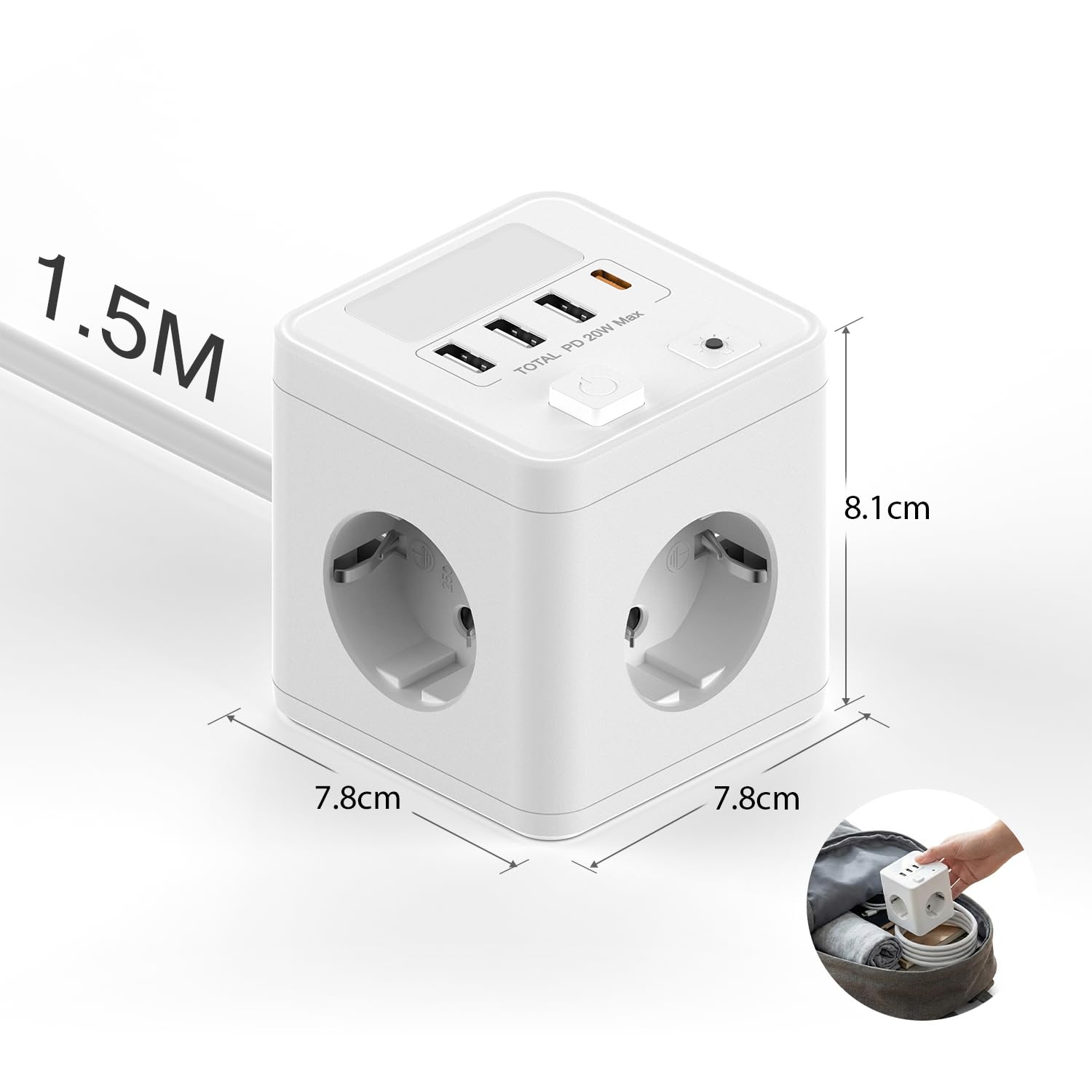 Ladron Enchufes USB C 20W con 4 Tomas, Cubo Regleta Enchufes 1.5 Cable con 1 USB C y 3 USB A, Enchufe Múltiple con Interruptor y luz Nocturna para Viajes, Cocina, Oficina — view 7