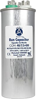 Appli Parts Dual Run Capacitor for ac 40+7.5 Mfd uF (microfarads) 370VAC or 450VAC CBB65 Round Universal fit for hvac and other applications 5-3/8 in High 2 in Wide CON-40/7.5-450