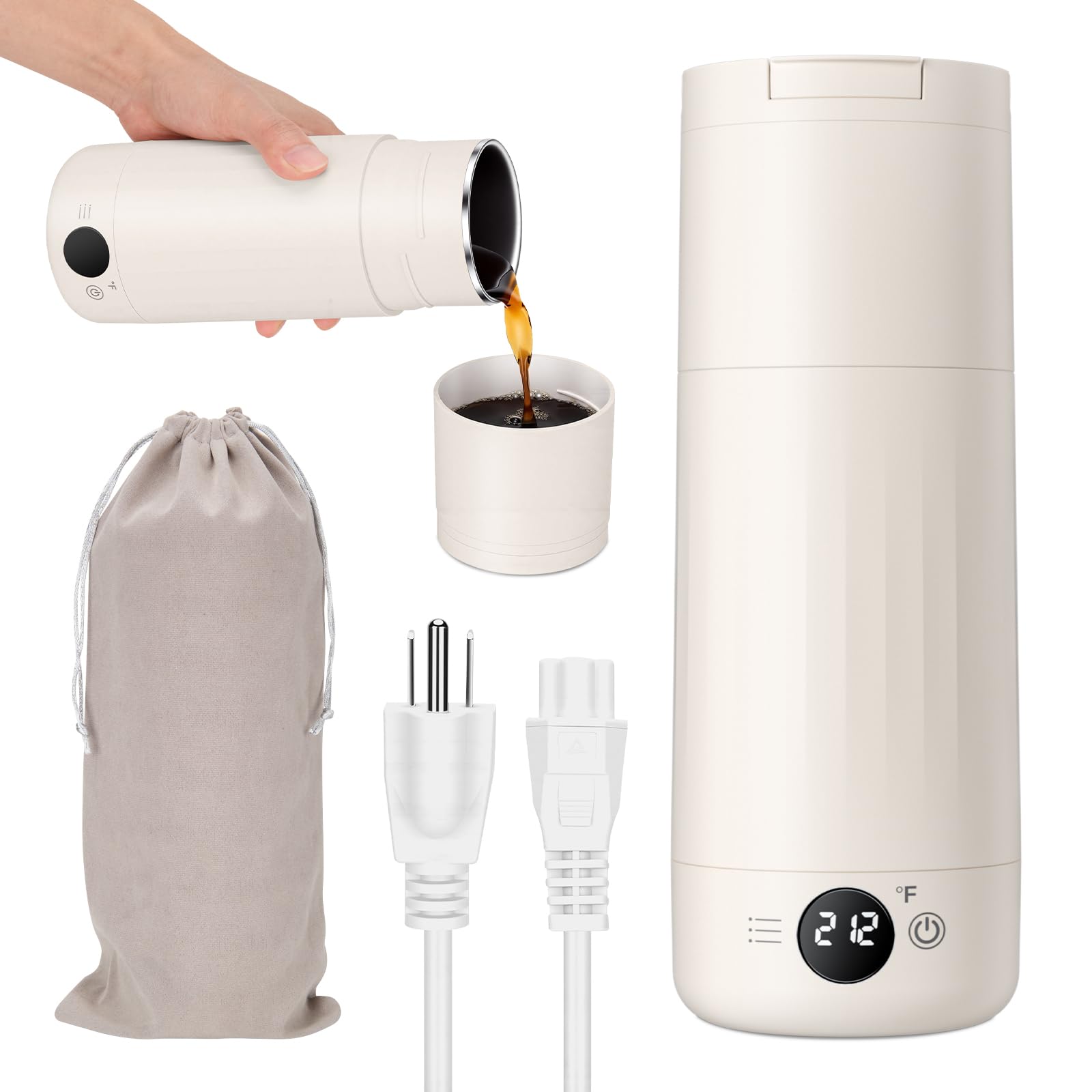 Bouilloire électrique portable pour voyage, bouilloire en acier inoxydable 316, chaudière à eau chaude avec couvercle et tasse 2 en 1, bouilloire de voyage de 500 ml avec 8 contrôles de température