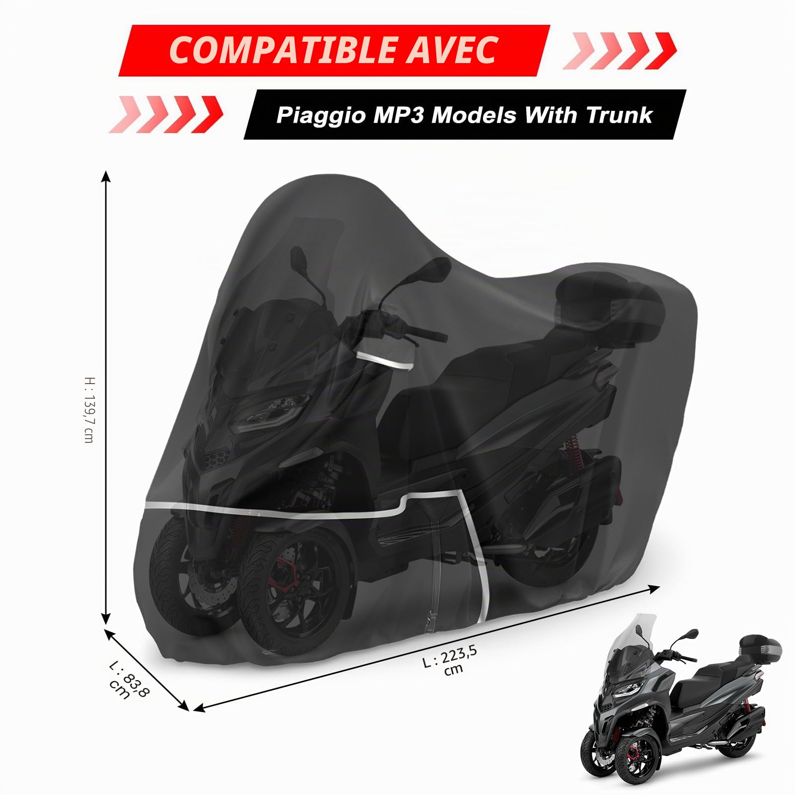 Bâche de Protection Moto, pour Piaggio mp3 400/500 (avec Coffre)