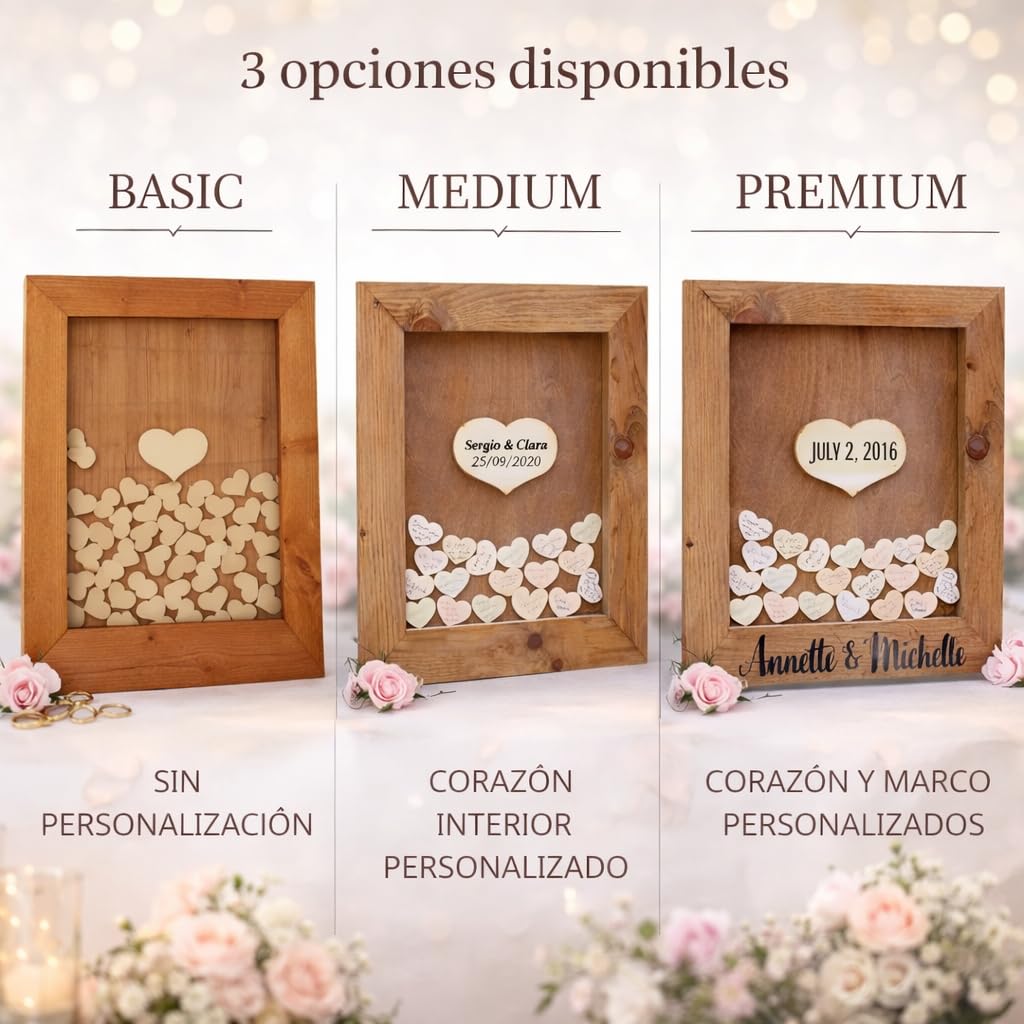Libro de Firmas Boda con 100 Corazones de Madera y Marco Rústico 45x55 cm – Personalizable – Regalo Original para Bodas, Aniversarios y Bodas de Oro
