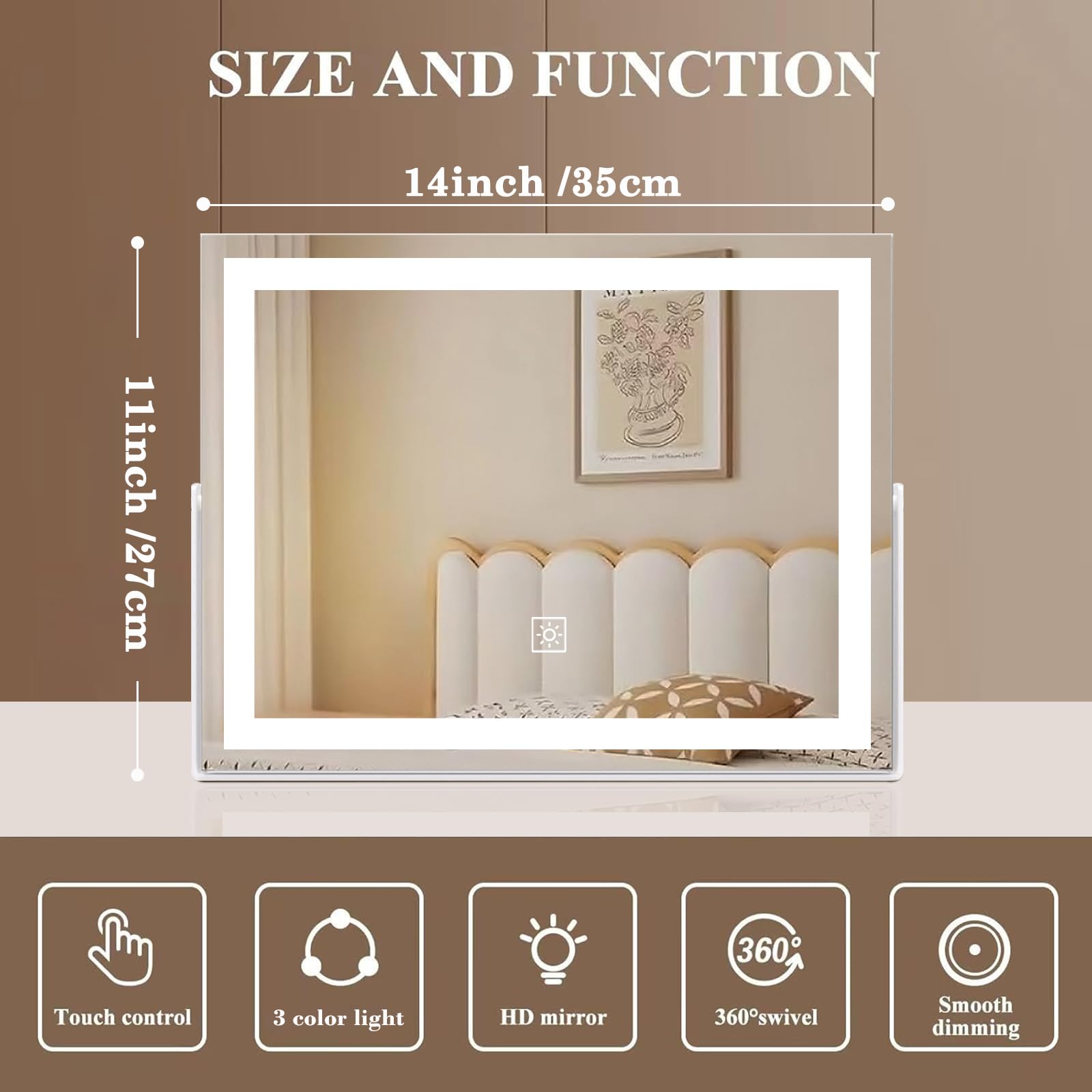 Specchio da trucco a LED da 35,5 cm con luci, grande cornice in metallo illuminato da tavolo con controllo touch dimmerabile a 3 colori, rotazione a 360°, per camera da letto