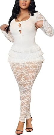 Womens Jumpsuits Dressy Lace Cutout Bow Front Ruffled Trim Floral Lace One Piece Party Club Jumpsuits Outfits