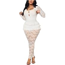 ThusFar Womens Dressy Lace Cutout Bow Front Ruffled One Piece Jumpsuit | Sexy U Neck Bodycon Party Club Jumpsuits Outfits,Sheer Floral Lace,Hollow-Out Layered Rompers,Stretchy Fit