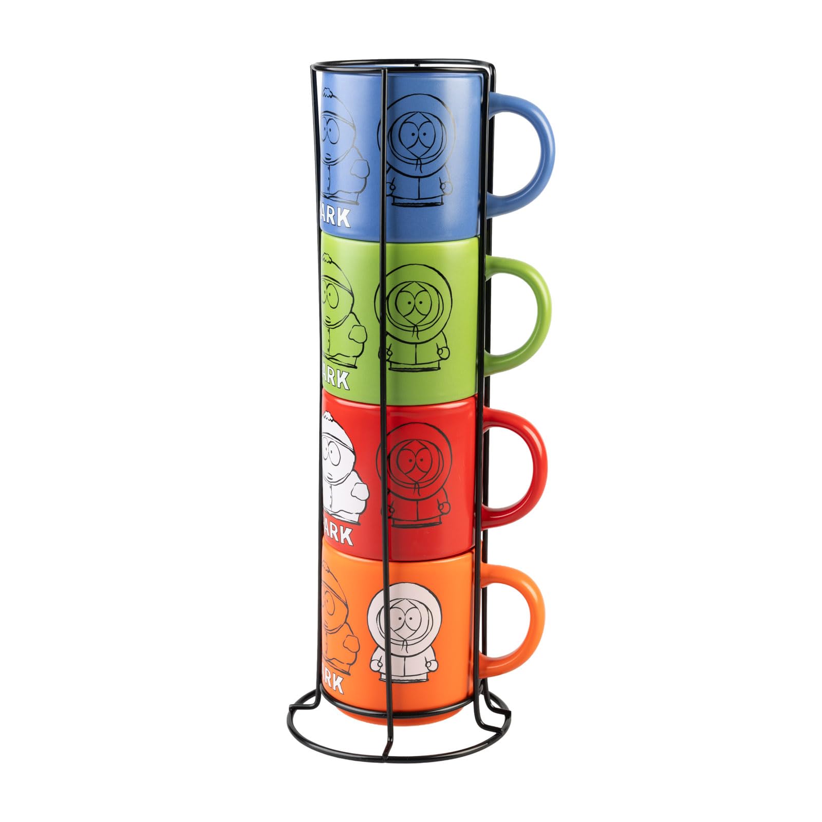 Grupo Erik South Park Set 4 Tazze 300 ml | Set Tazze Colazione Porcellana | Impilabili, con Supporto Metallico, Adatte Lavastoviglie e Microonde, Tazzine Caffè Particolari, Idee Regalo