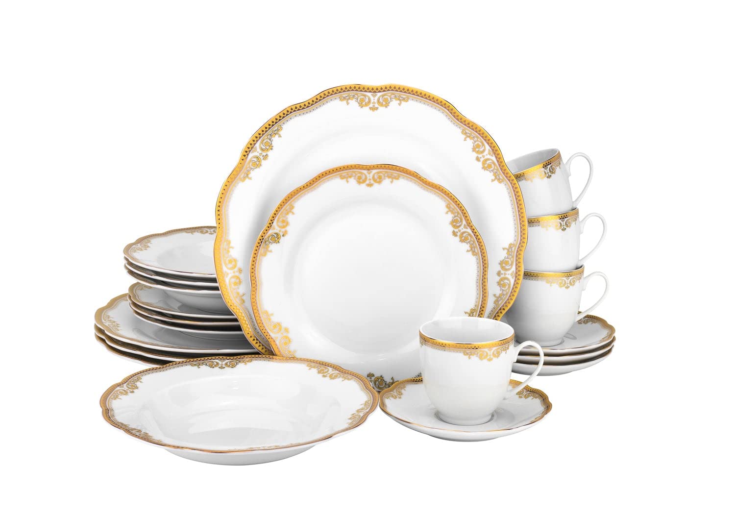 Euro Porcelain 20-pc Luxury Dinnerware Set with Scalloped Edges 24K Gold Ornament, HQ Dining Tableware Service for 4