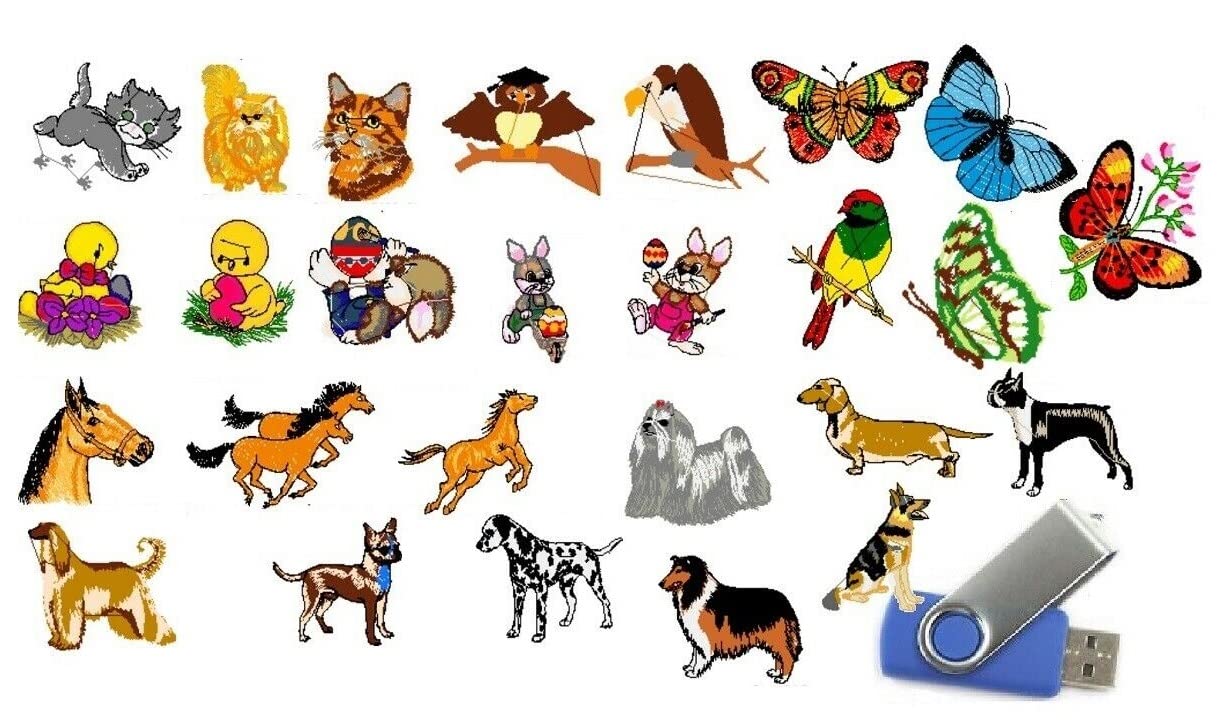 Dogs Cats Butterfly Birds Horses Embroidery Designs 278 Files USB PES Format for Brother Machines
