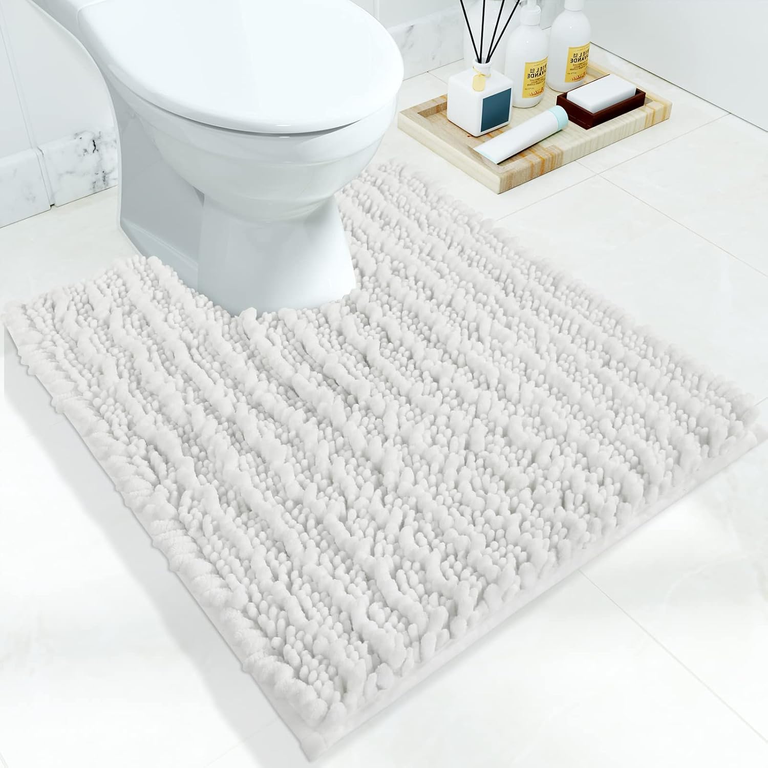 Yimobra Bathroom Mat, 51 x 61 cm, Soft and Cozy, Super Absorbent Water, Non-Slip, Machine-Washable, Thick Modern for Bathroom Bedroom, White