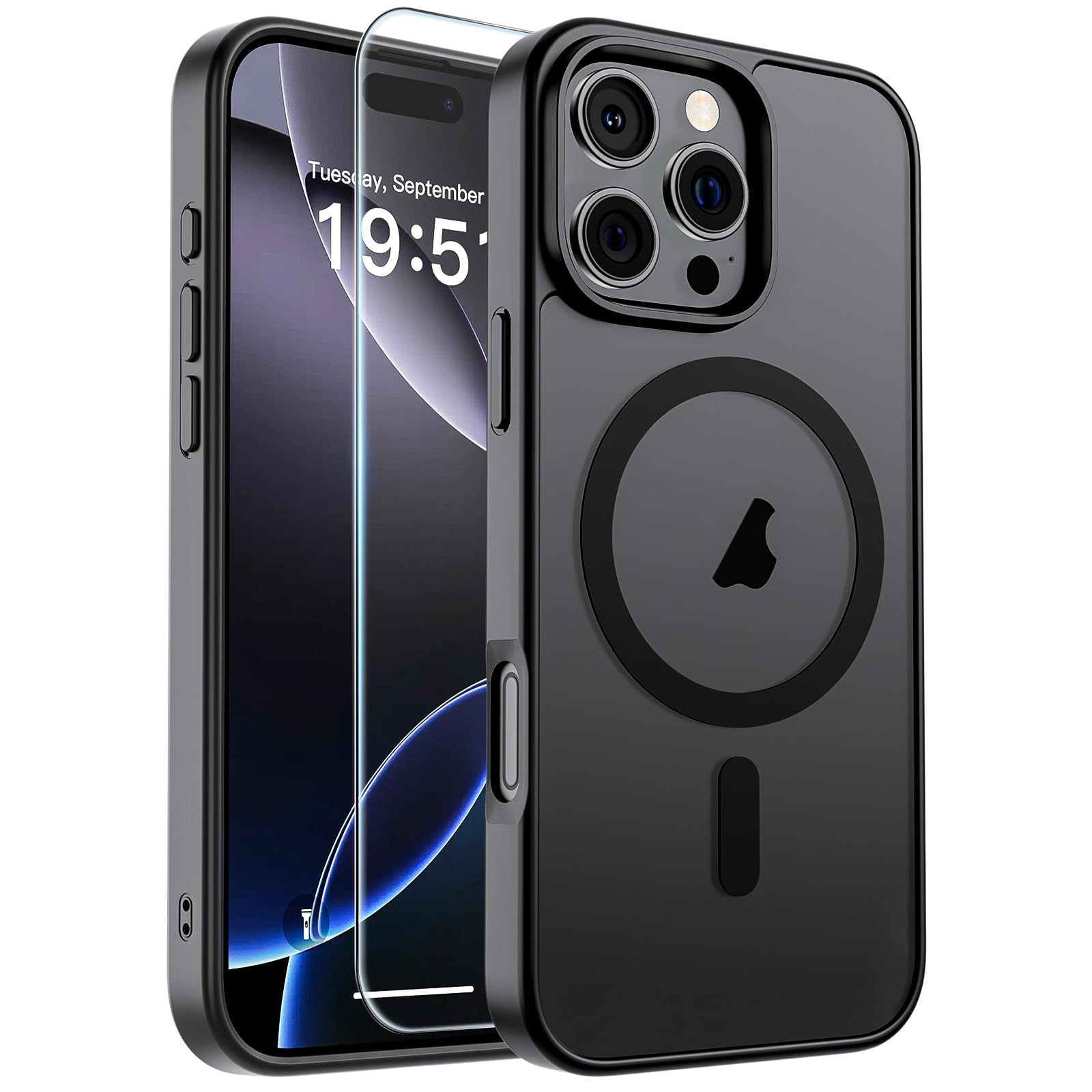 SUPFINE Magnetic for iPhone 16 Pro Max Case Black | With Screen Protector, Translucent Matte, Compatible with MagSafe, Military Grade Drop Proof, Rugged Shockproof Protective