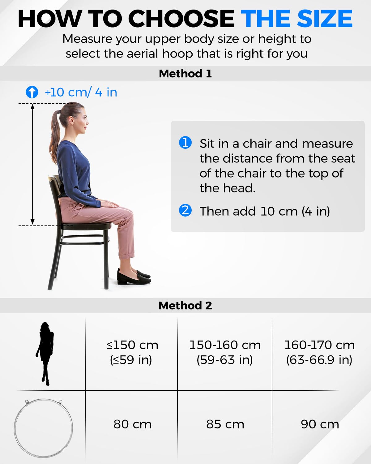 DASKING Cerchio Aereo 2 Punti, 80 85 90cm in Acciaio Inox Set con Borsa Portatile Resistente, capacità 226kg, Aerial Hoop Kit per Yoga sartiame per Fitness, Circo, Allenamento, acrobazie e Danza