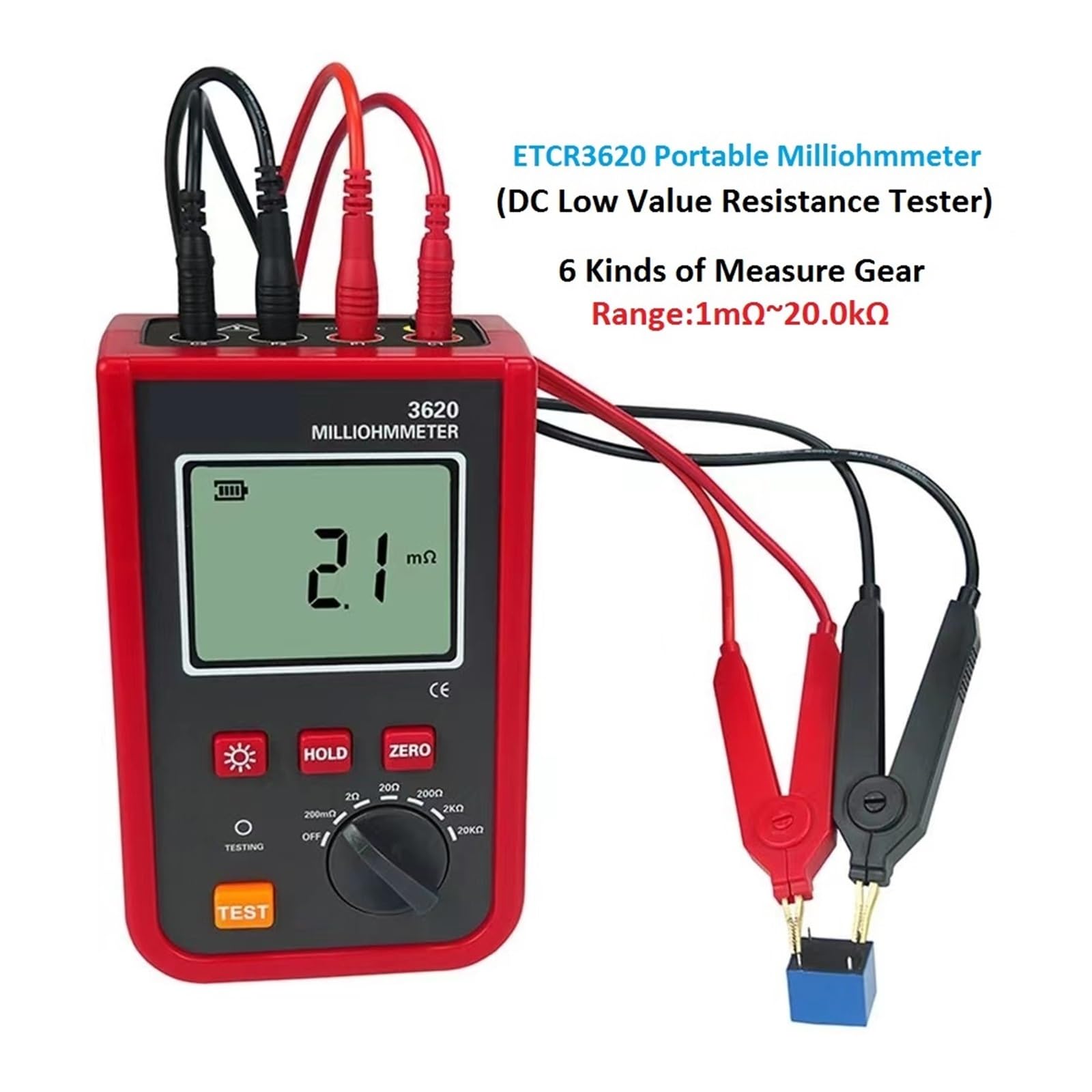 ETCR3620 Miliohmímetro Portátil 1mΩ-20.0kΩ DC Probador De Resistencia Bajo Valor Método 4 Cables AC/DC Detector 2 Canales Recargable