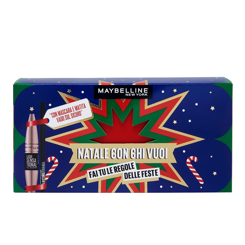 Maybelline New York Cofanetto Regalo, Mascara Volumizzante e Matita Occhi Pigmentata, Look Occhi Intenso, Collezione Natale con Chi Vuoi 2024, Mascara Ciglia Sensazionali e Matita Occhi Lasting Drama