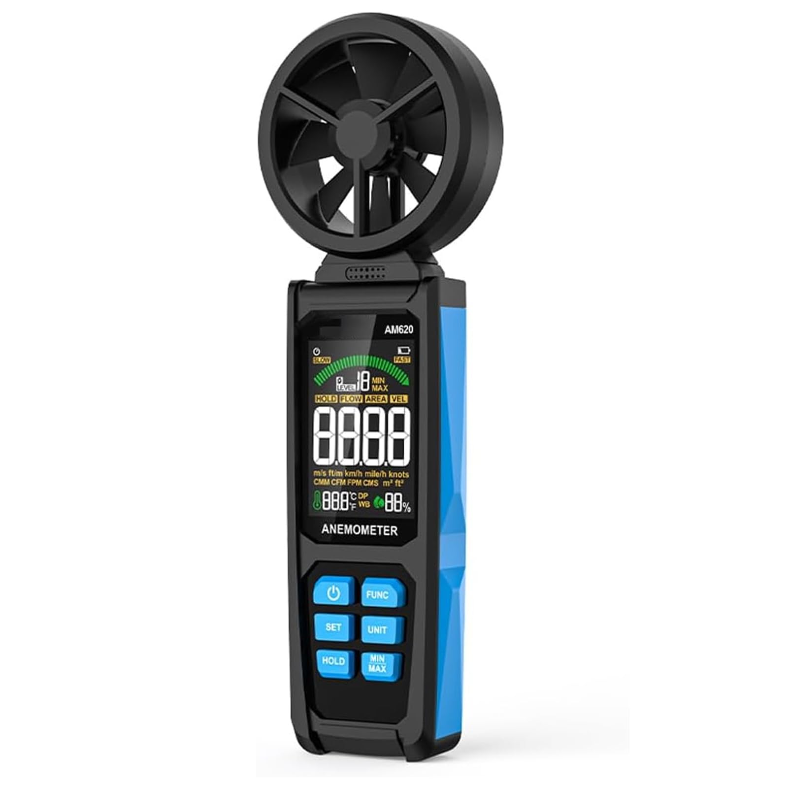 Anemometro portatile, misuratore digitale della velocità del vento con retroilluminazione a LED, ventola a 8 pale e doppio cuscinetto, per misurare velocità del vento, flusso d'aria, temperatura