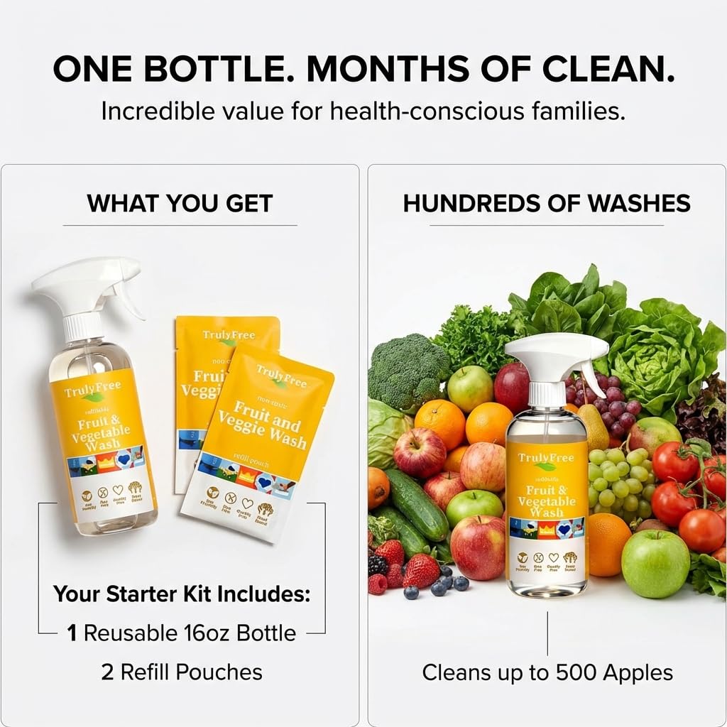 Truly Free Kit de iniciación de lavado natural de frutas y verduras, limpiador de verduras y productos orgánicos y lavadora de frutas, suministros para la salud y el hogar, botella de spray de 16