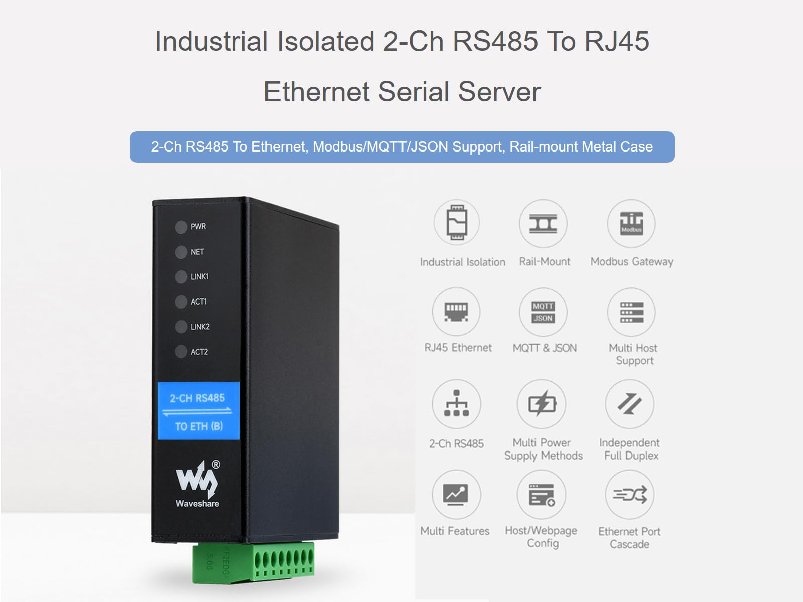 Convertisseur RS485 vers Ethernet 2 canaux Serveur Sériel Industriel Isolé, RS485 à 2 canaux Fonctionnement Indépendant, 2X RJ45 Ethernet Ports, Modbus Gateway MQTT Gateway JSON Support