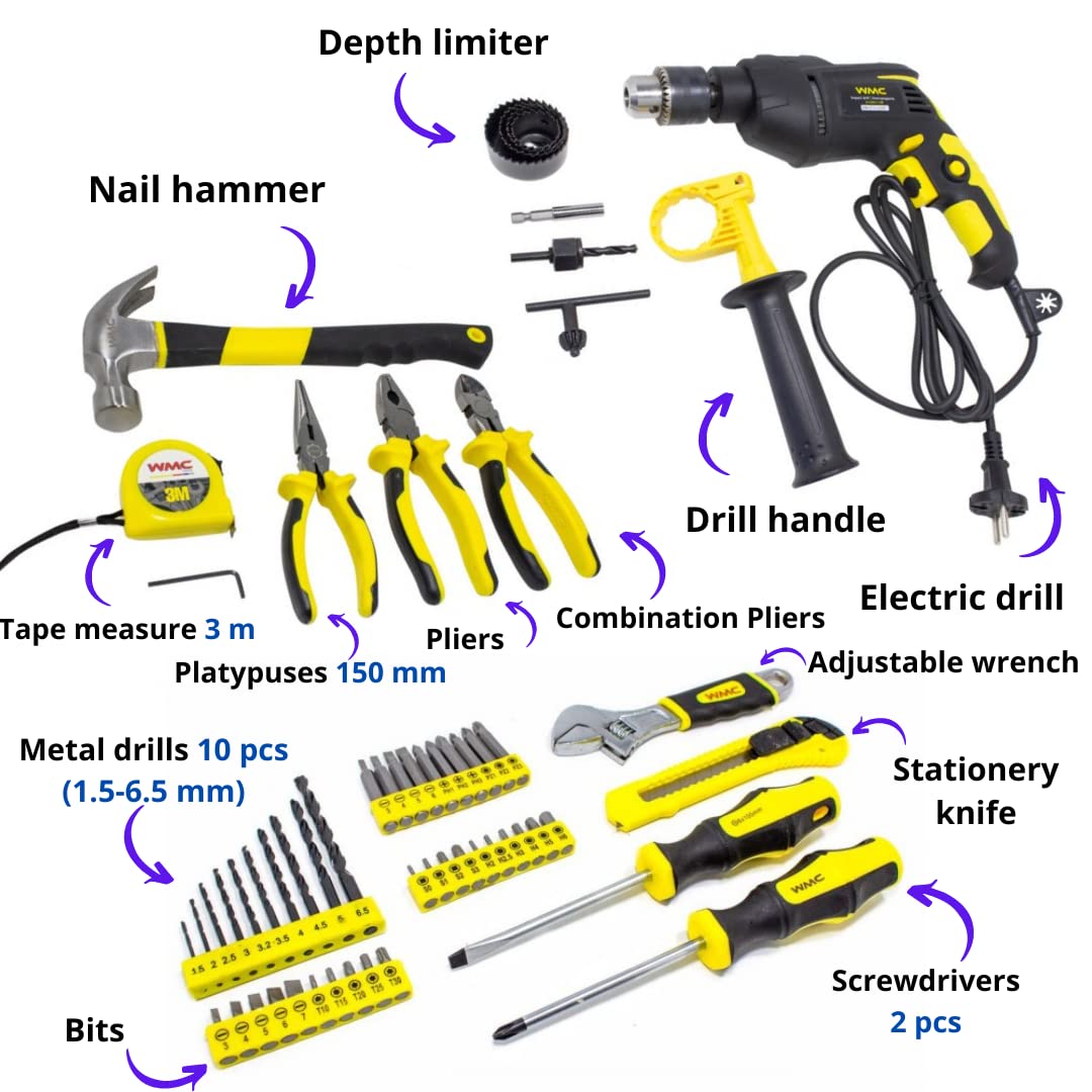 WMC TOOLS Set di 57 attrezzi professionali con trapano elettrico, pinze, pinze combinate, chiave regolabile, martello per chiodini