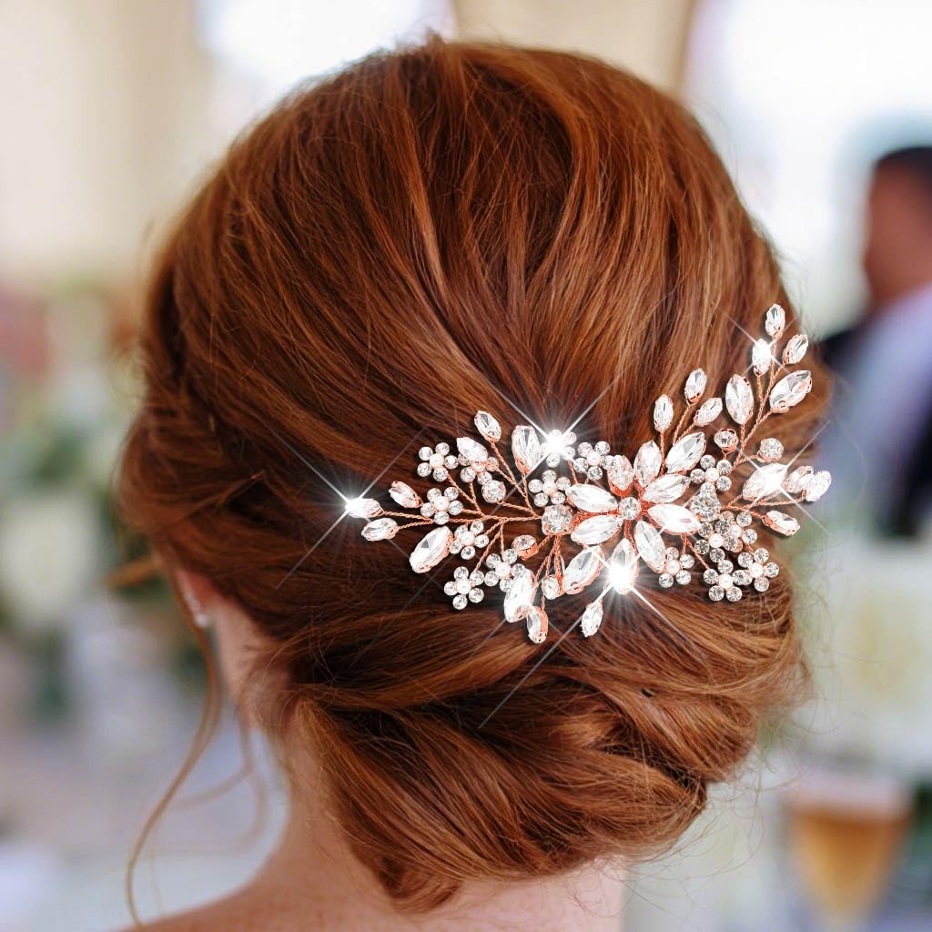 Catery Crystal Bridal Hair Comb Rose Gold Rhinestones Hairpiece Flower Wedding Clips Accessoires for Brides and Women(Rose Gold) - Image 2
