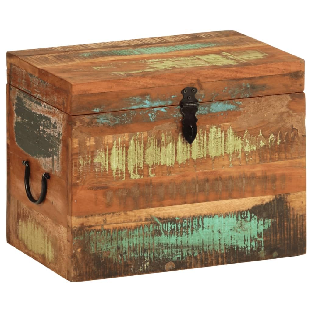 Baúl de madera reciclada, estilo antiguo, sólido, resistente y duradero, almacenamiento para el hogar, hecho a mano con carácter vintage, grano único y agujeros para clavos