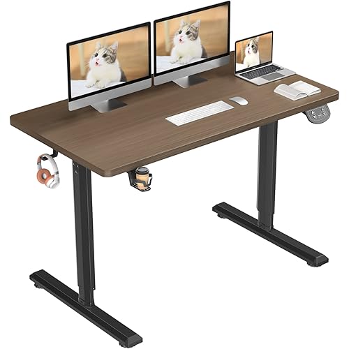 Dripex Electric Adjustable Height Standing Desk 43 x 24 Inches Large Sit Stand Up Desk Home Office Computer Desk with Cup Holder and Earphone Hook, Brown Walnut