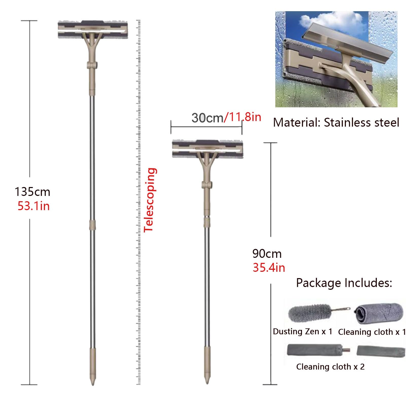 Limpiacristales Limpiador de Ventanas Limpiacristales, Kit 2 en 1 Giratorio para Limpiar Ventanas con 2 Almohadillas de Microfibra, para Coche Interior Exterior Ventanas Altas Cristal Ducha Suelo, Nun