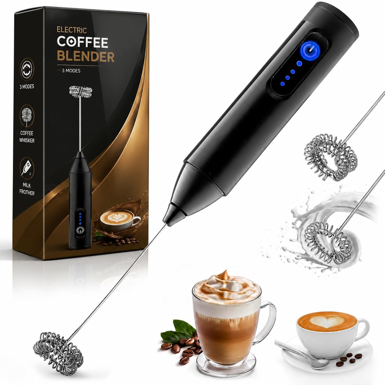 RUCON® Electric Milk Frother for Coffee, Handheld Coffee Whisk & Milk Frother, 3 Speed Electric Coffee Beater for Cappuccino, Latte, Hot Chocolate, Matcha & Foam Making (Black)