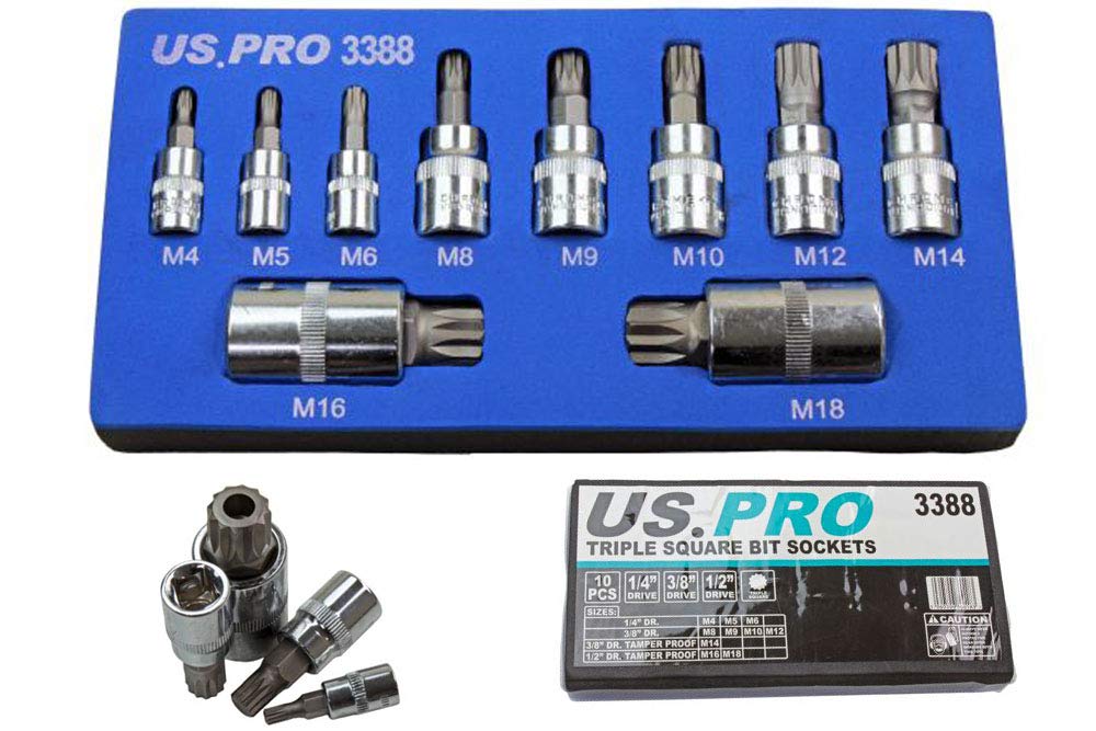 US PRO Tools 10pc Triple Square Spline Bit Sockets in Foam Tray M4-M18 B3388, Variety Pack