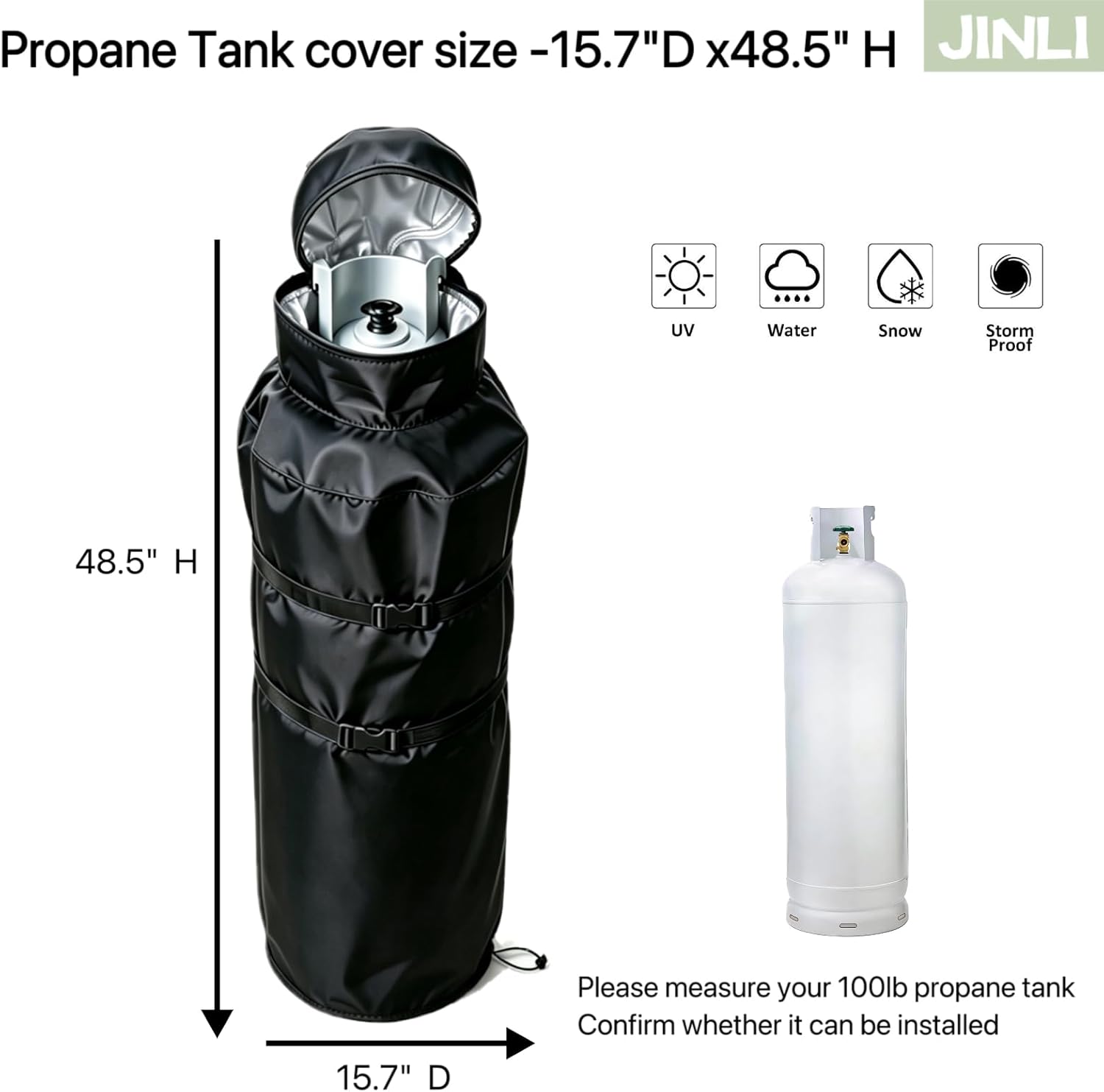 JINLI 100lb Propane Tank Insulation Protection Cover Double-Layer 600D Oxford Fabric Waterproof Dustproof Outdoor UV & Frost Resistant Top Flip Cover with Adjustable Buckle, Black