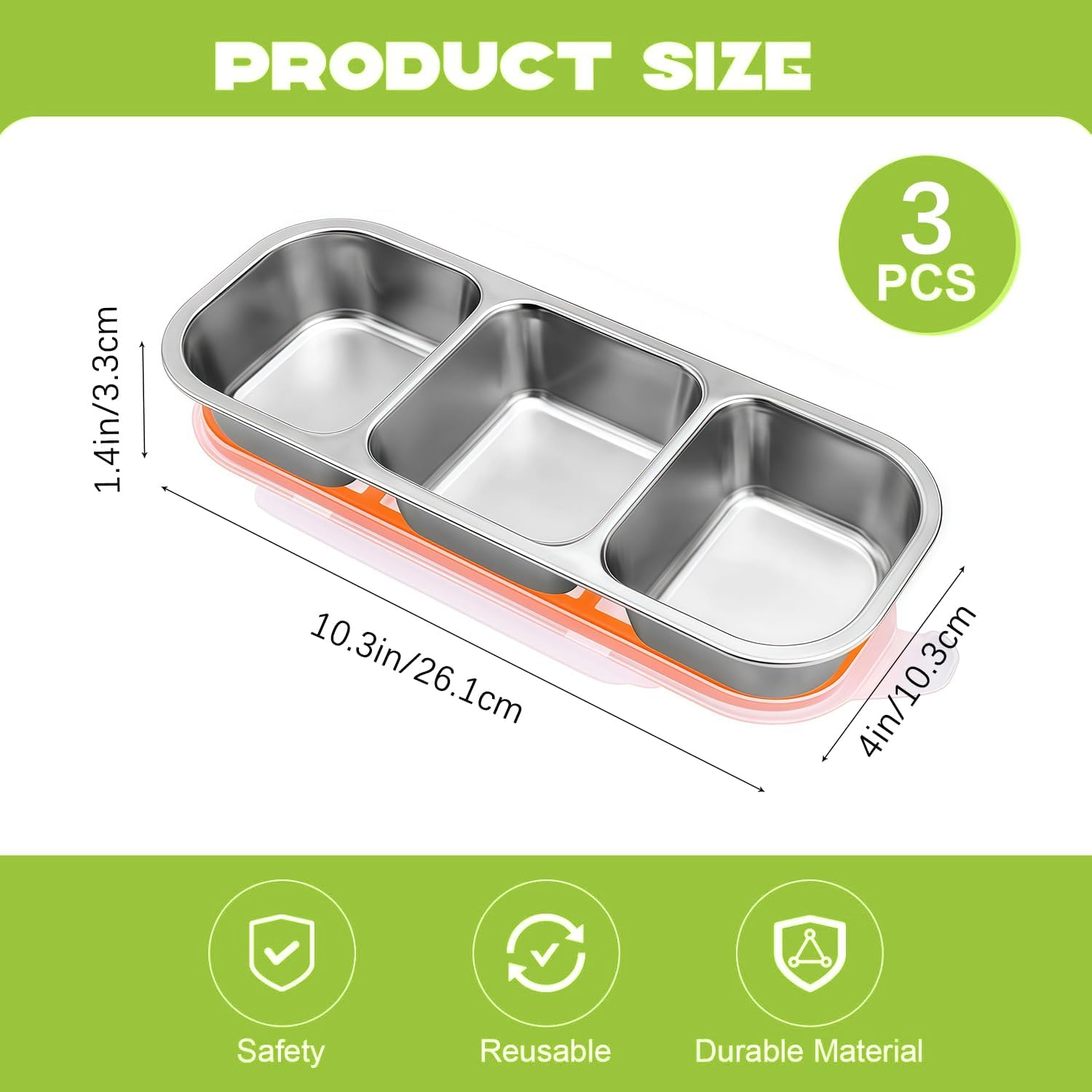3 Pack Bento Box, Stainless Steel Snack Containers With Lids, Leak Proof Metal Lunch Box with 3 Compartments, Stackable Food Storage Container for Work, Travel, Dishwasher Safe - Image 2