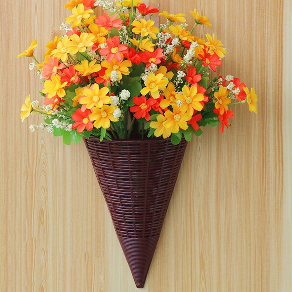 VANZACK 3 Pcs Rattan Hanging Wall Planters Cone Shaped Plant Holder Rustic Vintage Flower Basket Farmhouse Wicker Flower Pot Bird Nest for Outdoor Indoor Garden Decor