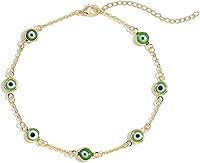 SLOONG Evil Eye Anklets for Women - 4pc 14K Gold Plated Beaded Adjustable Ankle Bracelets, Protective Beach Jewelry Set