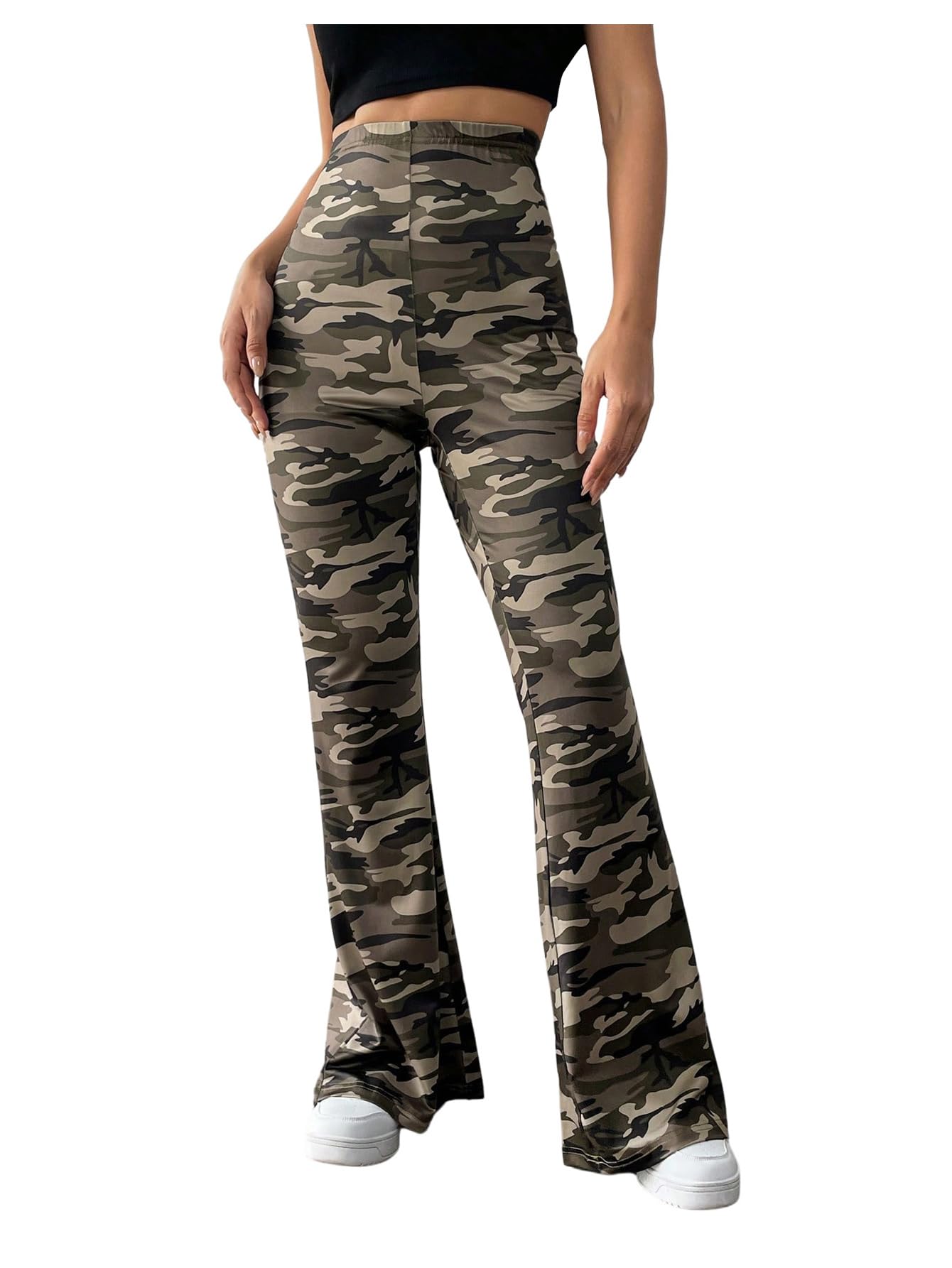 OYOANGLE Womens Camo Flared Pants High Waisted Tummy Control Skinny Leggings Bell Bottom Trousers