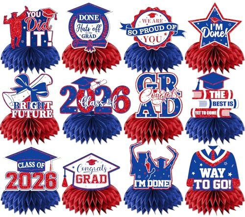 Image of 12pcs Graduation Table Decorations,Red and Blue Graduation Decorations 2026 Graduation Centerpieces for Tables,Class of 2026 Centerpieces Honeycomb for Congrats Grad Table Decor