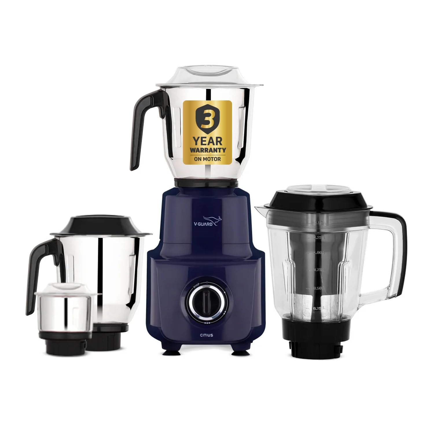 V-Guard Citius 750 Watt Juicer Mixer Grinder for Kitchen | 3-Year Motor Coverage | 4 Jars | Juicer, Wet, Chutney & Dry | Juicer Jar With Quadraflow Design | SS Blades | Blue