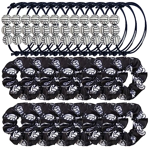 24 Pcs Volleyball Charm Bracelets and Sport Hairbands Set Adjustable Volleyball Beads Wristband Volleyball Hair Scrunchies Volleyball Theme Bracelets Hair Ties for Athlete Teens Adults