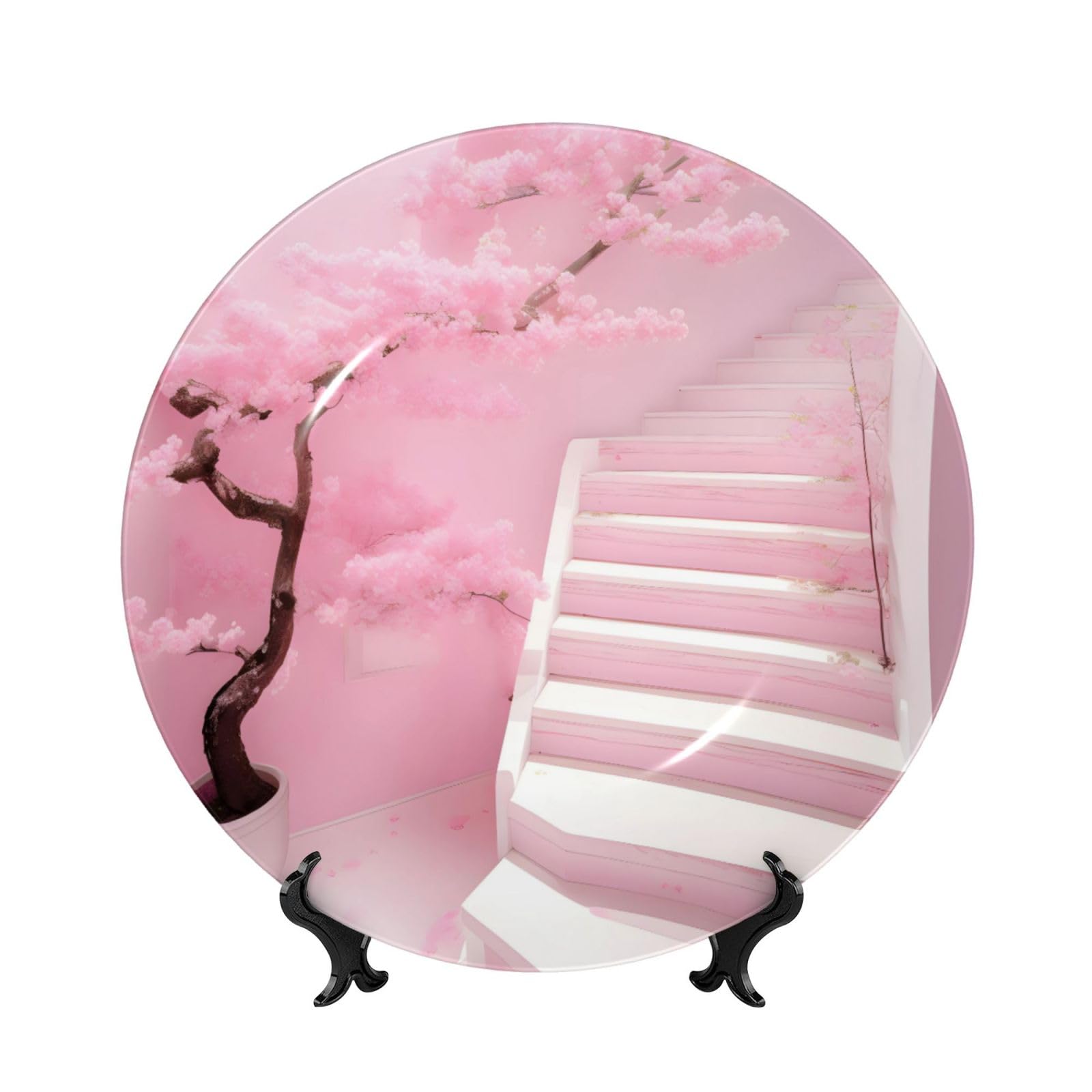 SXZVVBN Cherry blossom white staircase Bone China Decorative Plate Art with Stand Removable Adhesive Hanging for Home Office 7in