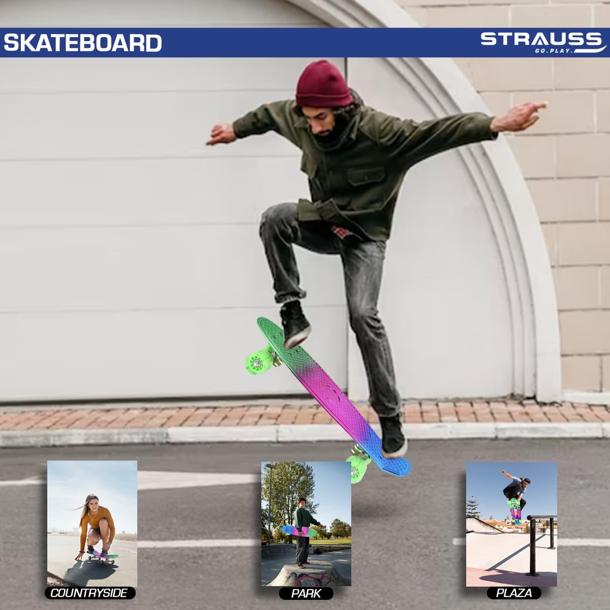 STRAUSS Polypropylene Cruiser Skateboard Penny Casterboard Hoverboard Anti-Skid Board With Abec-7 High Precision Bearings Ideal For 8 Years And Above 22 X 6 Inch, (Green,Pink,Blue) - Image 8 thumbnail