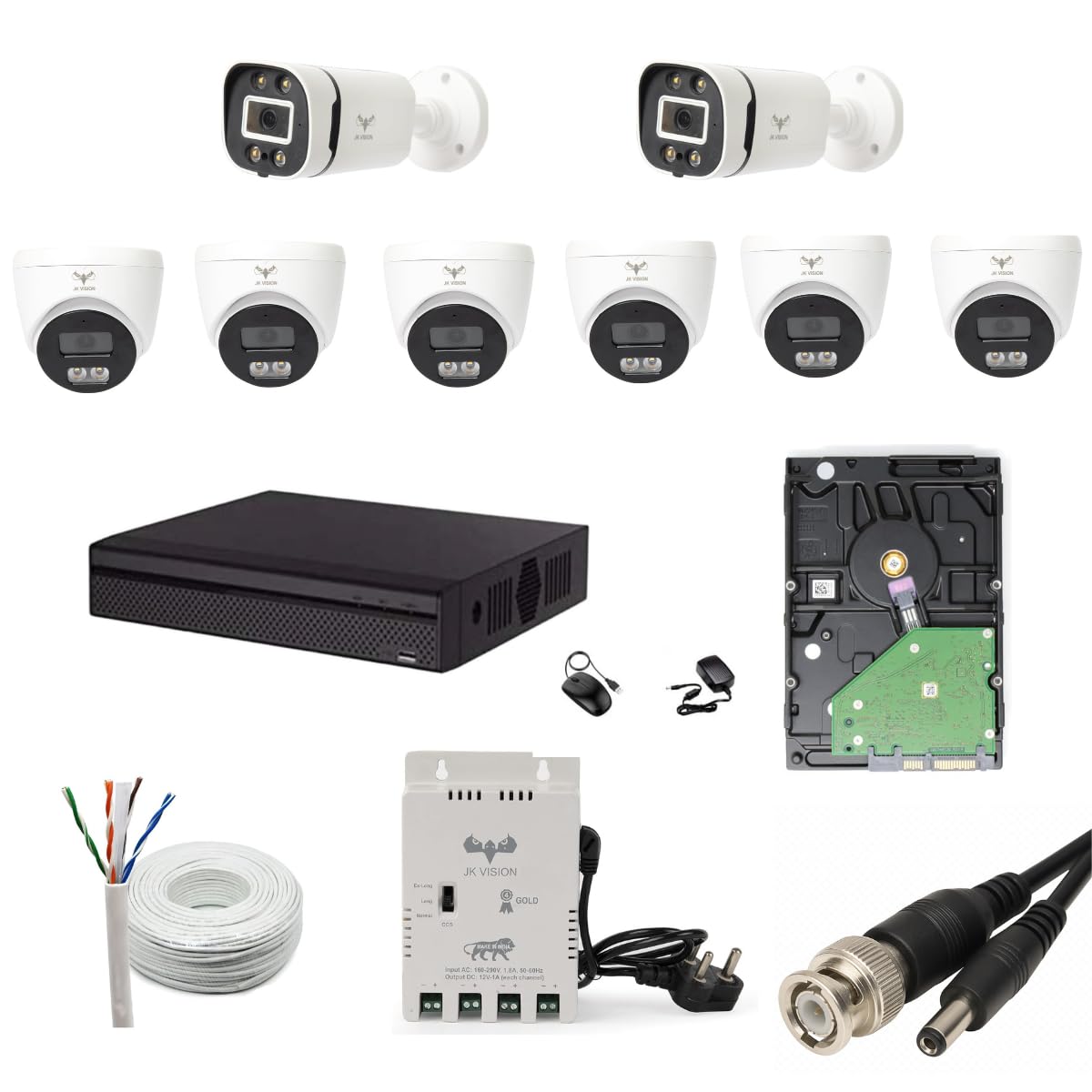 JK Vision 2.4MP ColorVu CCTV Camera System for Home, Office, School (2 Bullet, 6 Dome, 1TB Hard Disk, 8 Channel Power Supply, DVR, 90Mtr Cable, BNC/DC)-picture-14