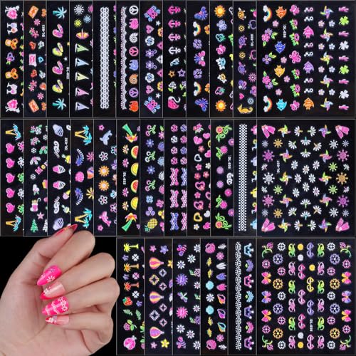 FANDAMEI Nail Stickers for Girls 30 Sheets Cute Kids Nail Stickers for Nail Art 3D Self-Adhesive Glitter Floral Fruit Heart Decals for Women Little Girl Nail Decals for Design